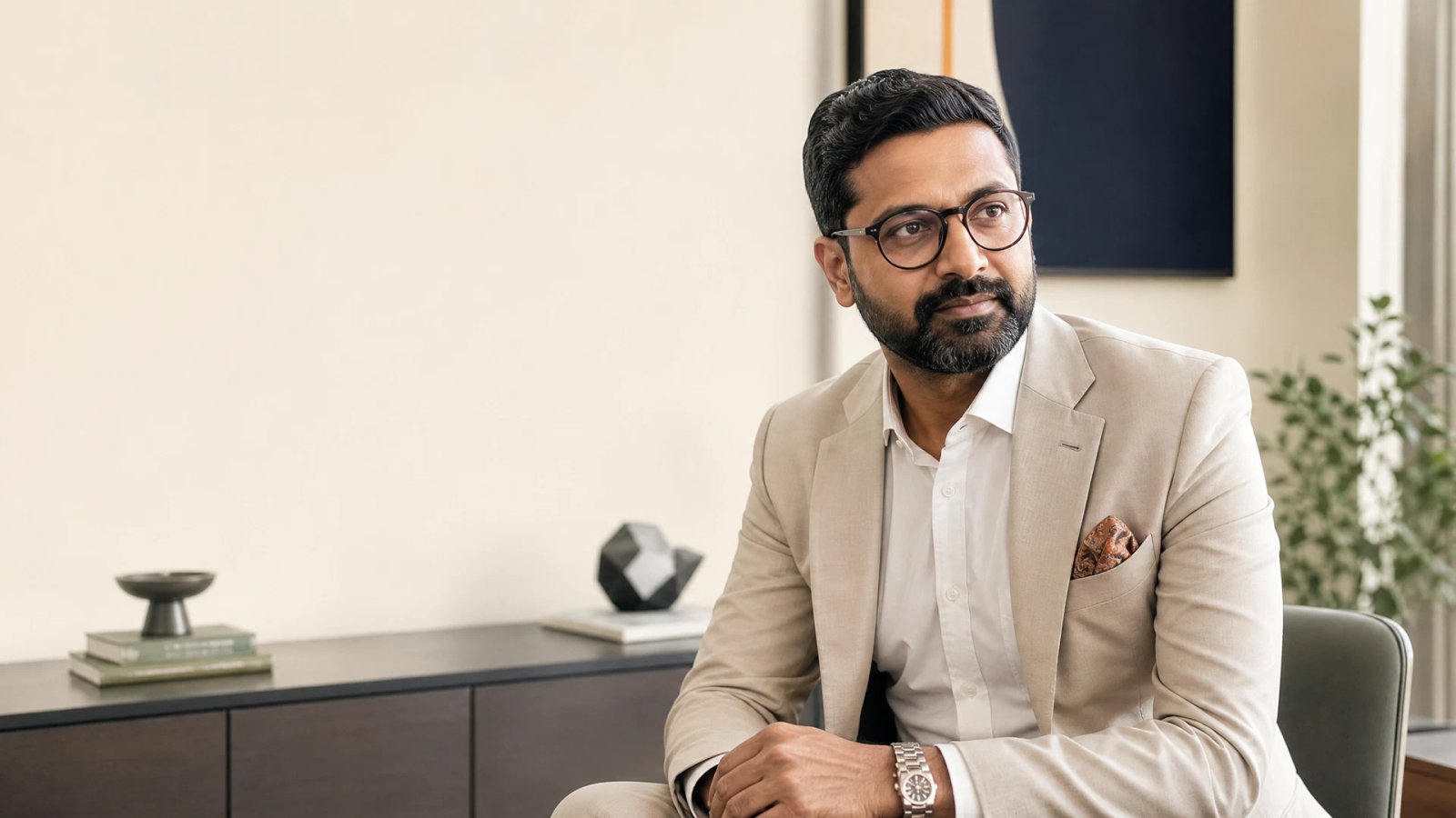 Polished Indian executive consultant in a modern Delhi NCR strategy studio