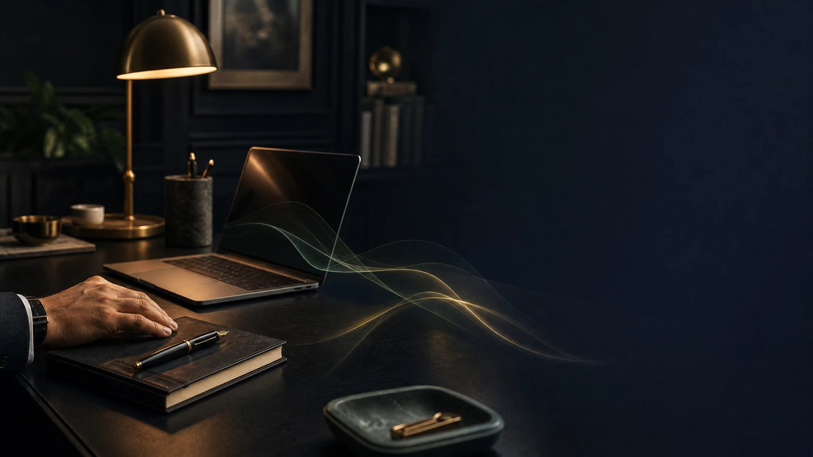 Refined executive desk showing human-centred AI tool enablement with a laptop and working notes